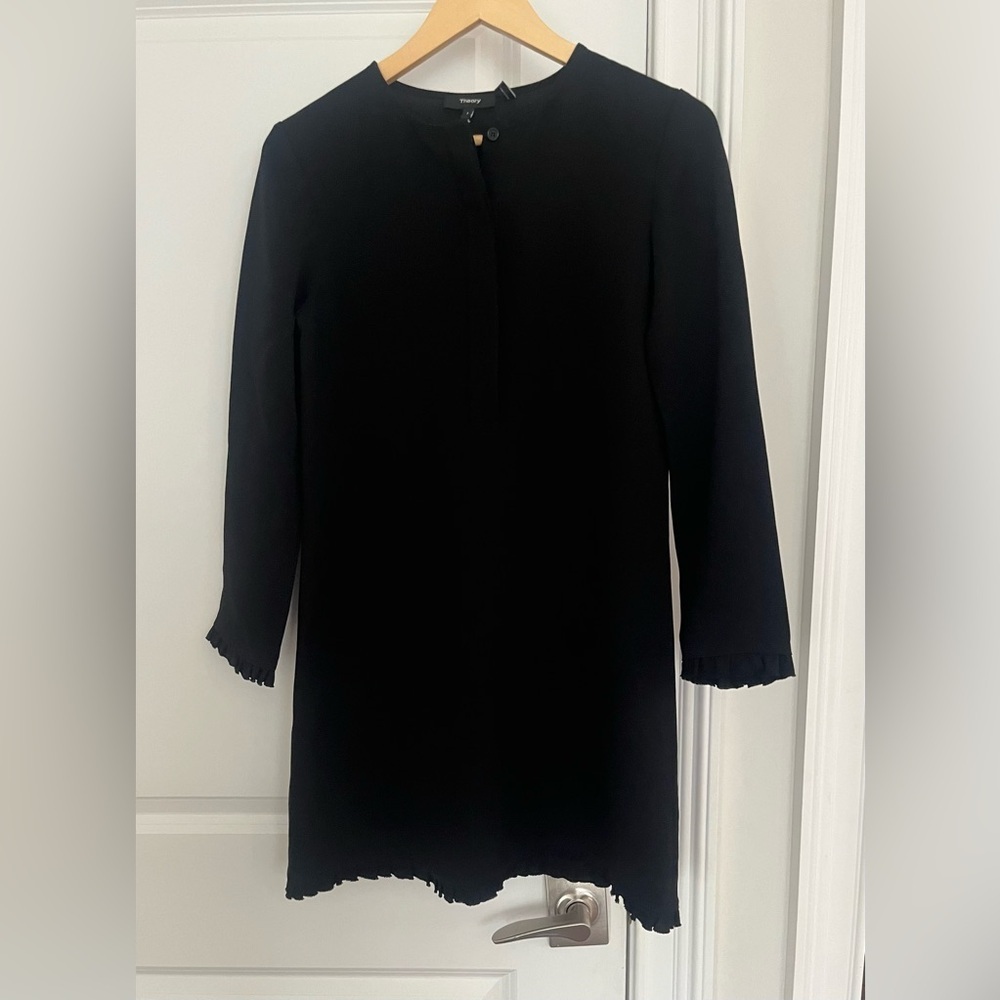 Theory women’s ruffled hem mini dress size S black ling sleeves